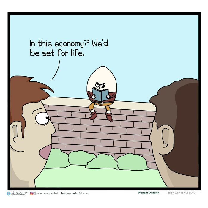 Comic panel featuring an egg character reading a book and two people discussing economy with dark humor and random laughs.