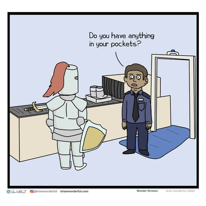 Security guard asks a knight wearing armor if they have anything in their pockets in a dark humor comic.