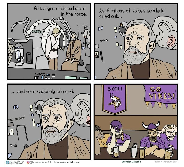 Comic panels showing a dark humor scene with characters referencing a disturbance and silent fans in Vikings gear.
