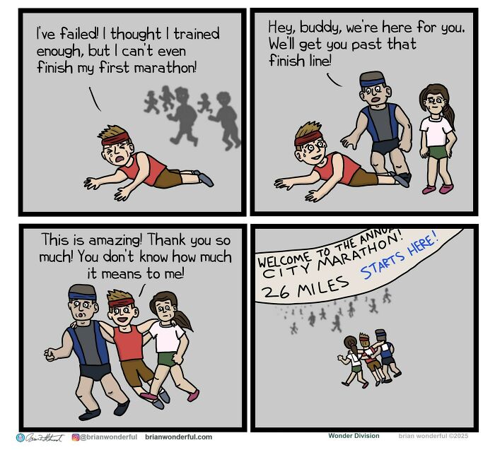 Comic strip showing dark humor and random laughs with characters struggling and supporting each other in a marathon race.