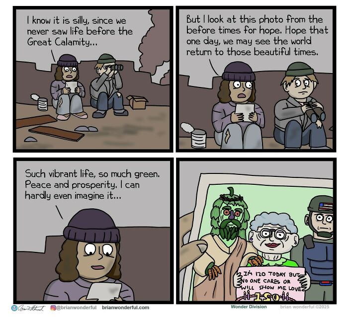 Post-apocalyptic scene with two people reflecting on hope and life in dark humor and random laughs comic style.