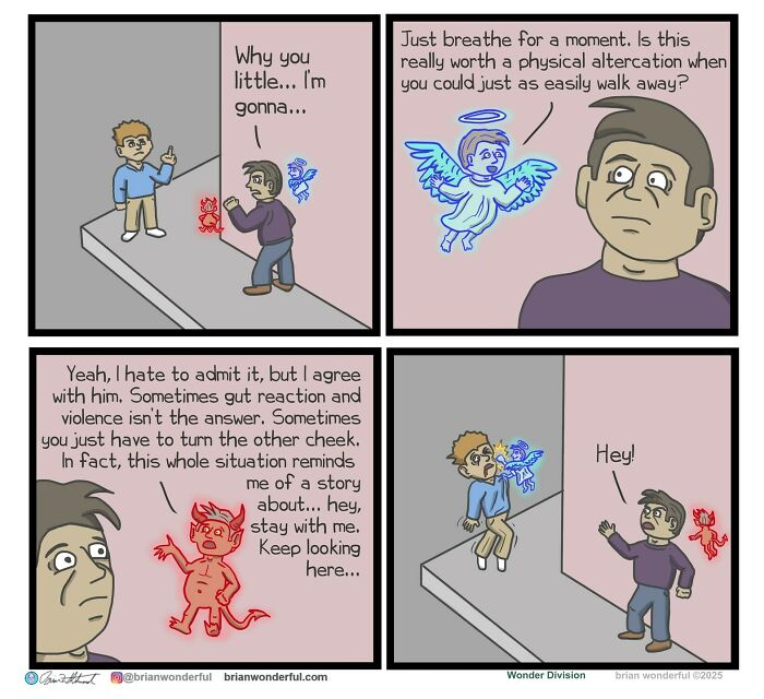 Comic strip showing a man debating between dark humor and thoughtful reflection with devil and angel characters.