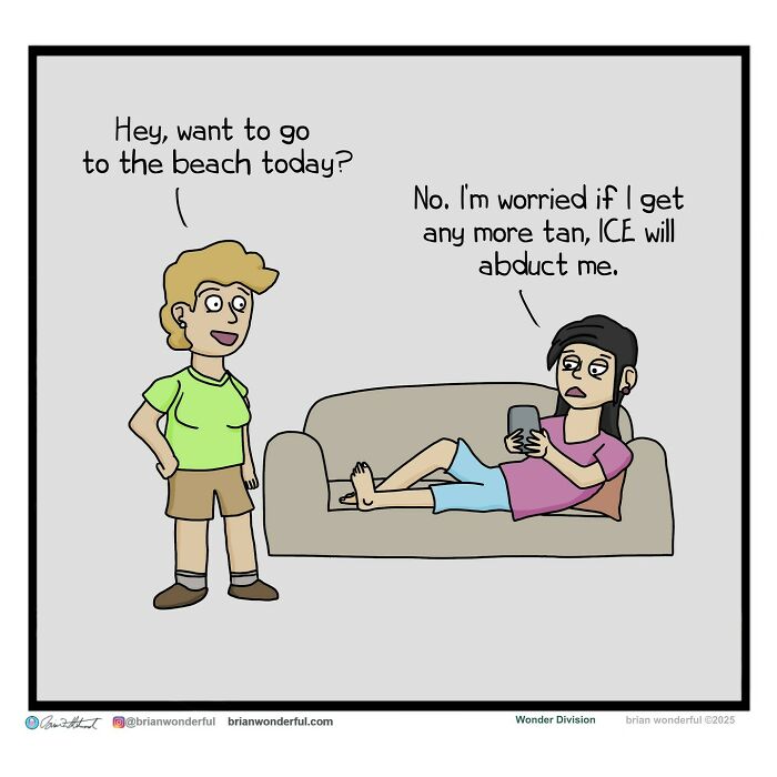 Cartoon with dark humor showing two characters discussing fear of getting a tan and ICE abduction in a casual setting.