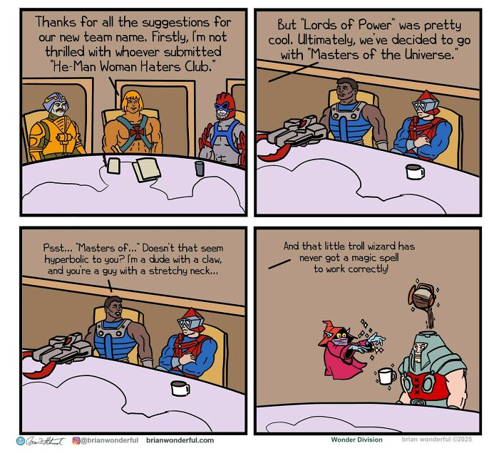 Four-panel comic featuring characters discussing team names with dark humor and random laughs style by Brian Wonderful.
