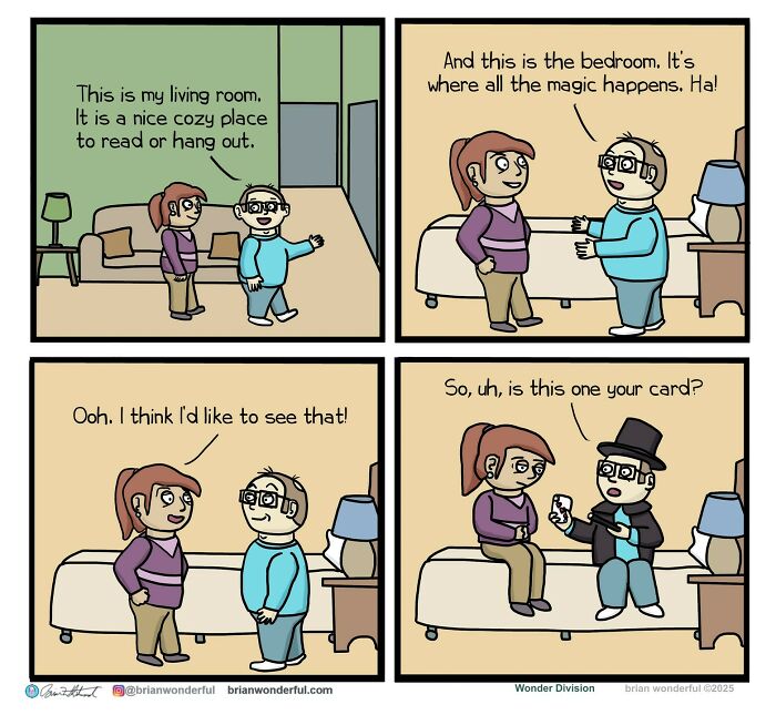 Comic strip with two characters in a cozy home setting, showcasing dark humor and random laughs by Brian Wonderful.