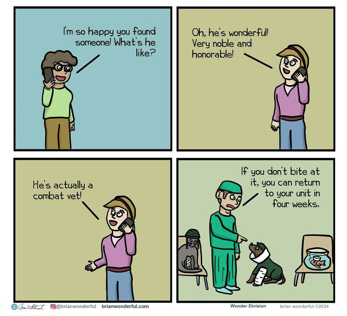 Comic panels showing dark humor with a vet, a dog, and a conversation about a combat vet in a funny twist.