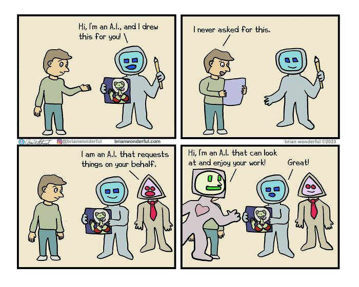 Comic panels featuring a person and robots humorously exploring AI drawing and appreciation in dark humor and random laughs style.