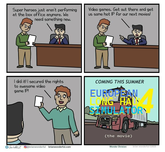 Comic panels showing a conversation about superhero box office decline with a dark humor twist on video game movie ideas.