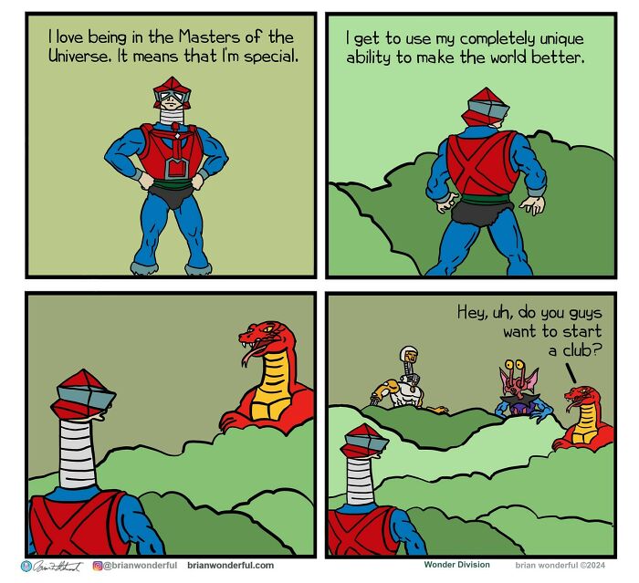 Comic strip featuring humorous characters in fantasy settings, showcasing dark humor and random laughs in Brian Wonderful's style.