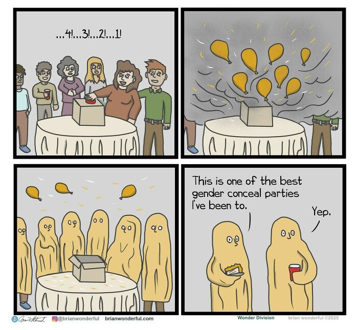 Comic strip showing a dark humor scene with people dressed as ghosts, illustrating gender conceal parties with random laughs.