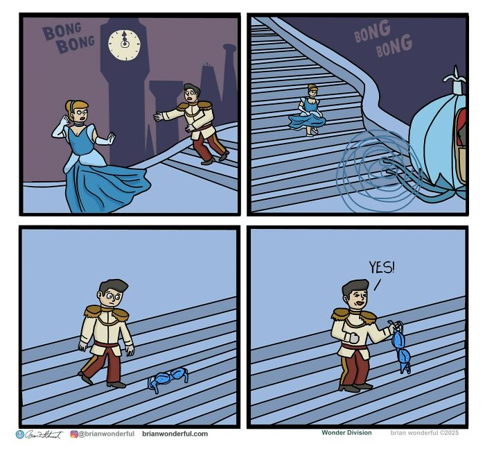 Comic strip depicting dark humor with a prince chasing Cinderella and finding her missing glass slippers.