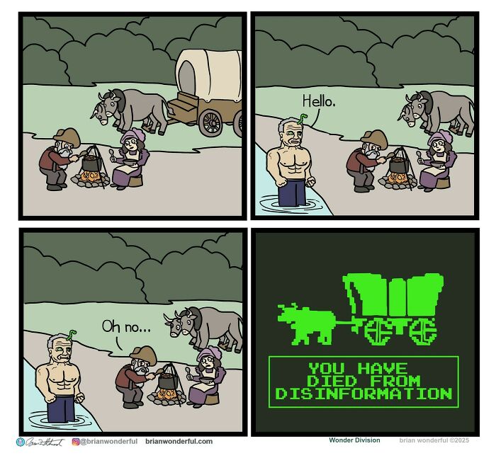 Comic strip with dark humor showing pioneers, a man emerging from water, and a pixelated message about dying from disinformation.