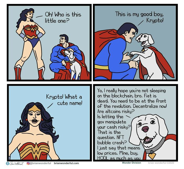 Comic featuring superheroes Wonder Woman and Superman with a dog named Krypto in a dark humor and random laughs style.