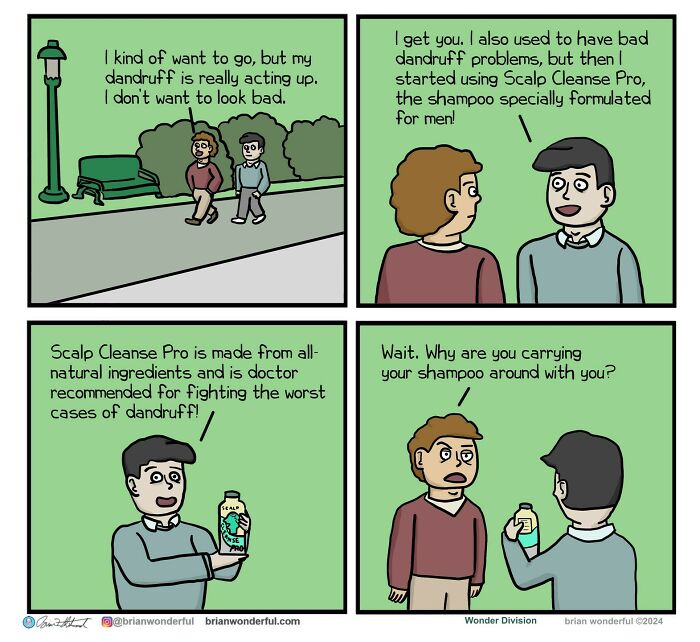 Two men discuss dandruff problems and shampoo in a comic strip with dark humor and random laughs style.