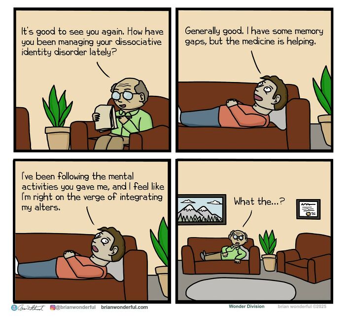 Comic strip showing dark humor with a therapist and patient, fitting the theme of dark humor and random laughs comics.
