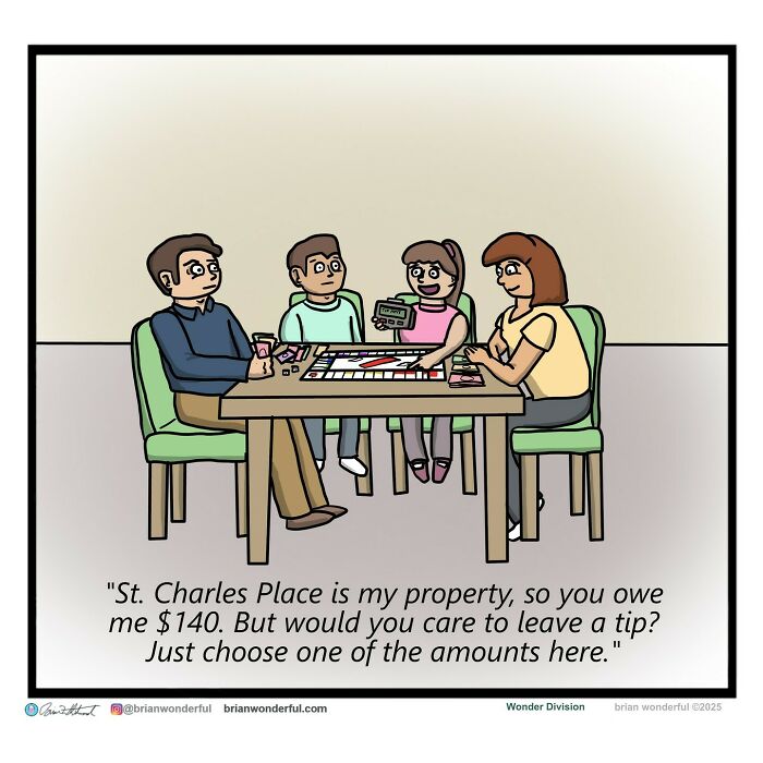 Four people playing a dark humor comic board game, featuring sarcastic money and tips dialogue at a table.