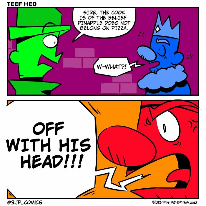 Colorful comic panels from 3JP Comics humorously debating pineapple on pizza with vibrant characters and bold text.