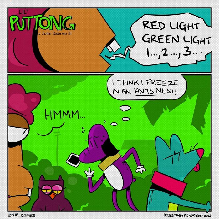 Colorful 3JP Comics panel showing a purple dog, owl, and other characters with humorous dialogue in a vibrant outdoor scene.