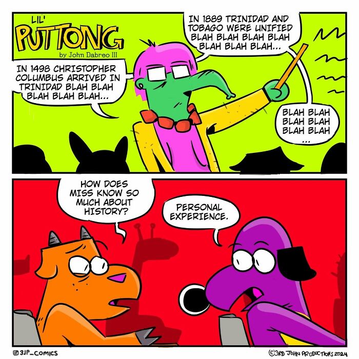 Colorful comic panels from 3JP Comics featuring humorous characters discussing history with witty dialogue.