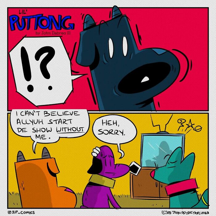 Cartoon dogs in colorful comic panels expressing surprise and humor in a vibrant 3JP comics artwork.
