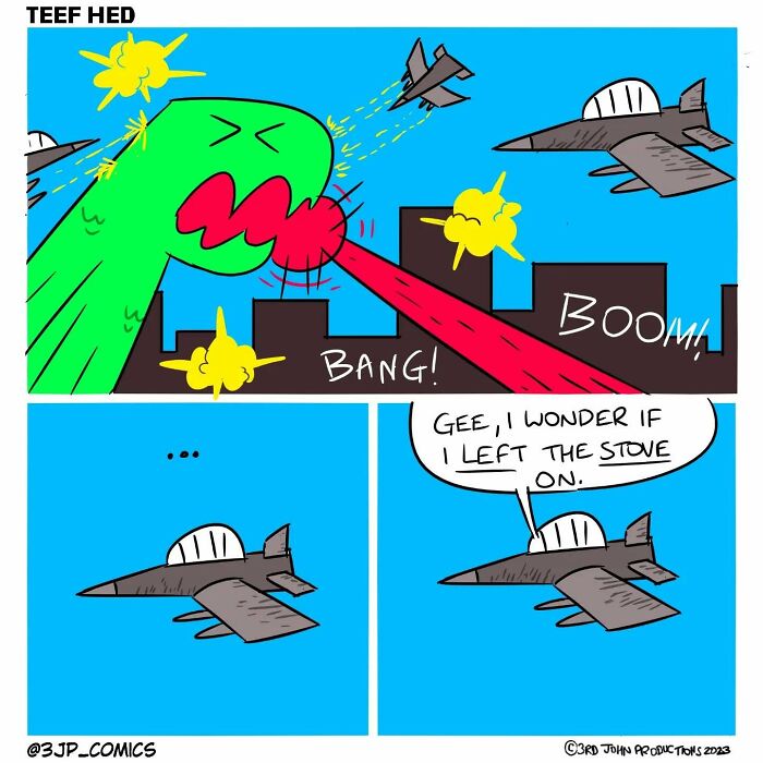 Colorful 3JP Comics panel showing a green monster attacking a city with jets, blending humor and everyday life.