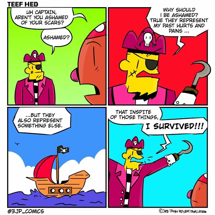 Colorful 3JP Comics panel featuring a pirate captain humorously reflecting on his scars and survival.
