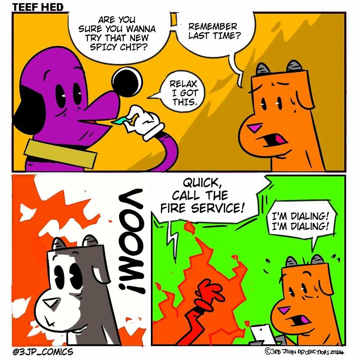 Colorful 3JP Comics panel shows funny dog characters reacting to a spicy chip and calling the fire service.