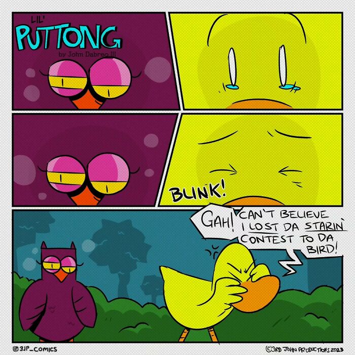 Colorful comic strip by 3JP Comics featuring a humorous staring contest between a purple owl and a yellow bird outdoors.