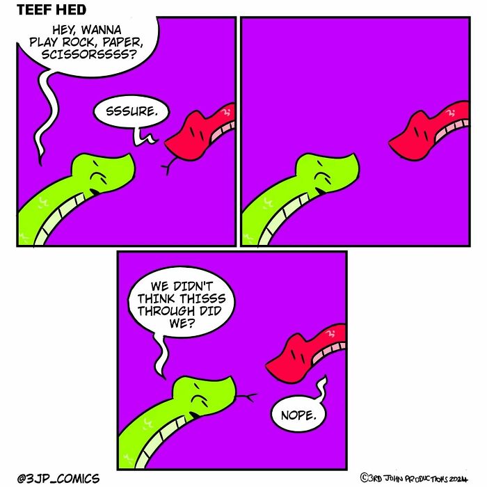Colorful comic strip by 3JP Comics featuring humorous dialogue between a snake and a tongue playing rock paper scissors.