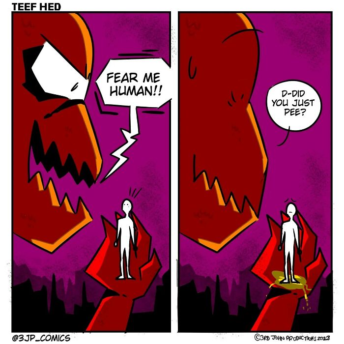 Comic from 3JP Comics showing a red monster humorously intimidating a small human in vibrant colors.