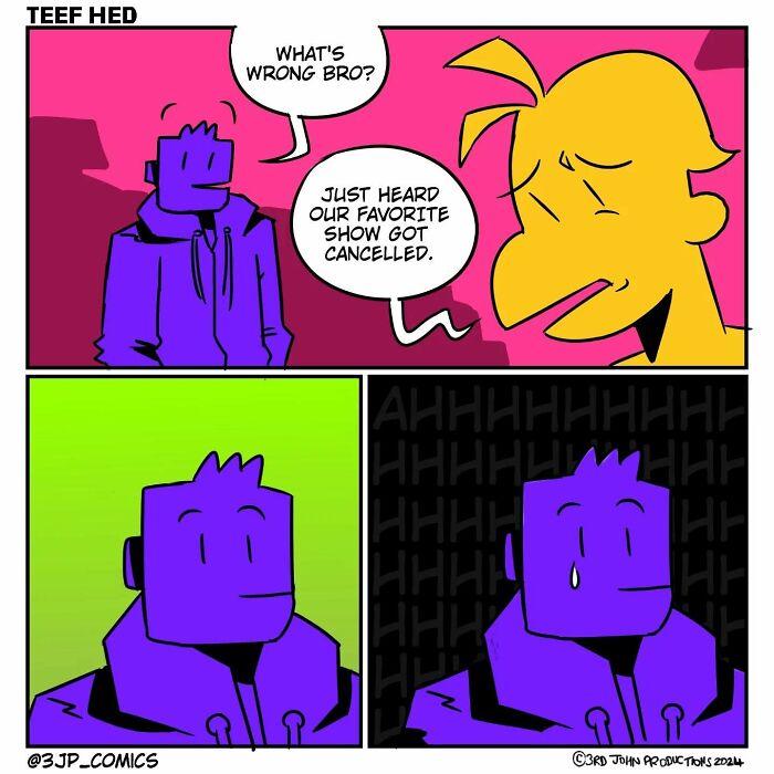 Colorful comic panels from 3JP Comics showing characters expressing sadness with humor and bright, bold designs.