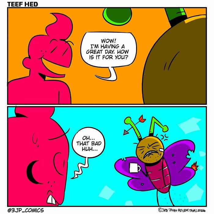 Colorful 3JP Comics cartoon featuring humorous characters with bright backgrounds expressing contrasting emotions.