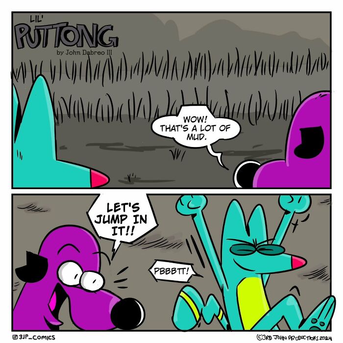 Colorful 3JP Comics characters express humor and fun, jumping excitedly into a muddy field in a vibrant comic strip.