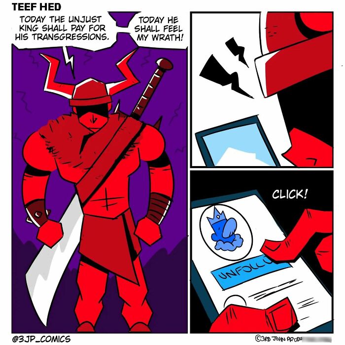 Comic panel from 3JP Comics showing a red warrior with sword and a phone screen being unfollowed, color and humor style.