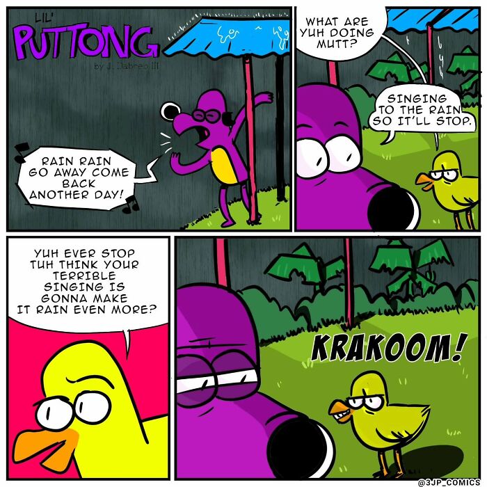 Colorful comic panels showing humorous dialogue between a purple dog and a yellow bird about singing in the rain.