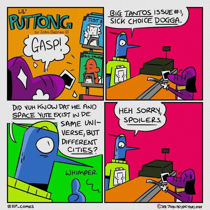 Colorful comic panels by artist 3JP Comics featuring humorous dialogue and unique characters in an everyday setting.