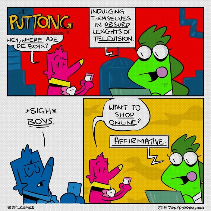 Colorful 3JP comics panel showing humorous characters engaged in a conversation about boys and online shopping.