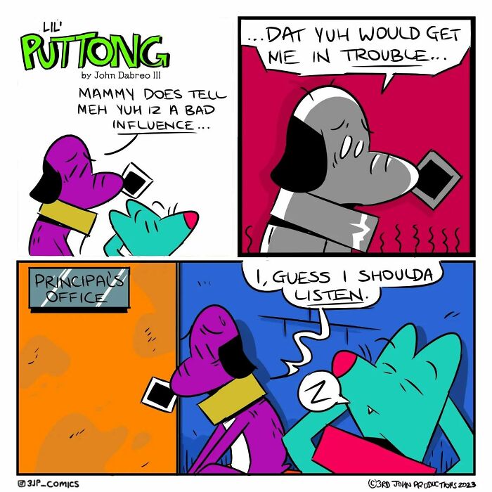 Colorful 3JP Comics panel depicting humorous talking animals in a school setting with playful dialogue and vibrant backgrounds.