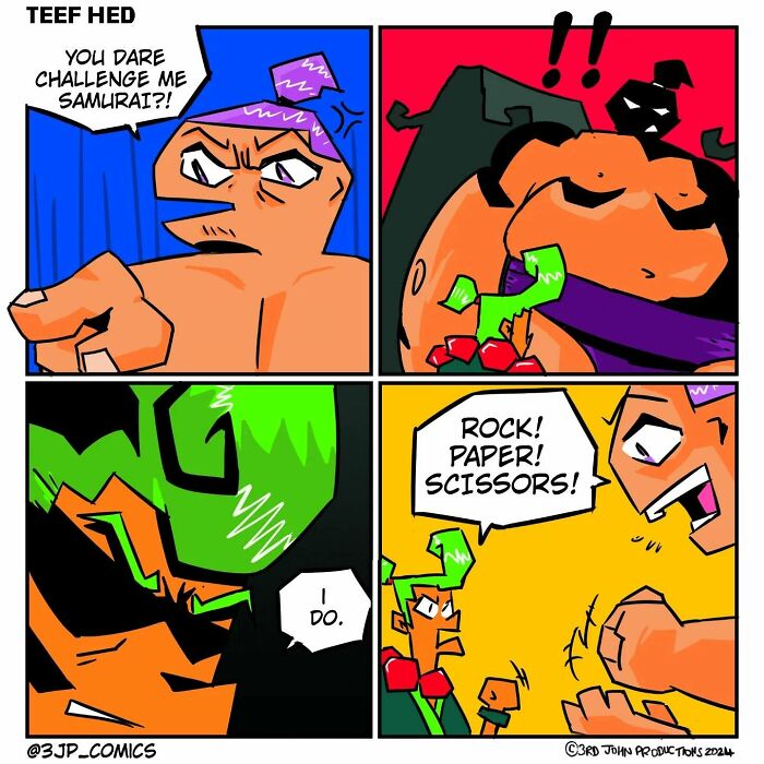 Colorful comic strip by 3JP Comics featuring humorous characters in a playful rock, paper, scissors challenge.