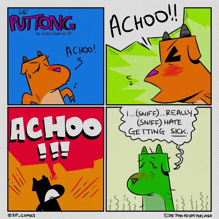 Colorful 3JP Comics showing a cartoon dog sneezing and expressing dislike for getting sick in a humorous style.
