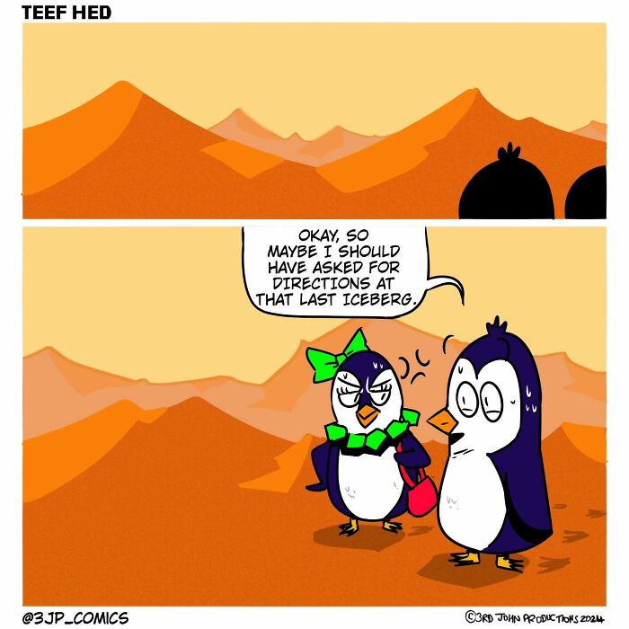 Two colorful penguin characters in a comic scene, showcasing humor and vibrant art from 3JP Comics.