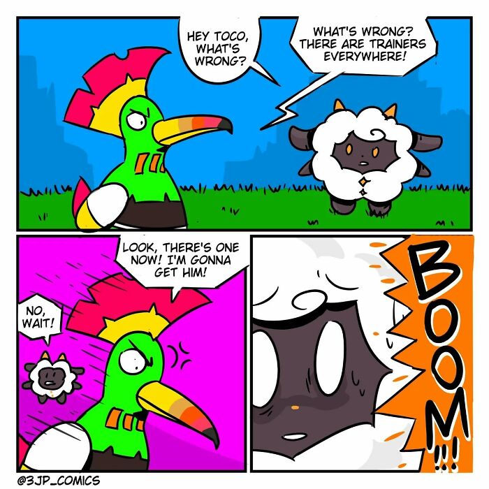 Colorful comic panels from 3JP Comics featuring humorous dialogue between a bird and a sheep reacting to trainers everywhere.