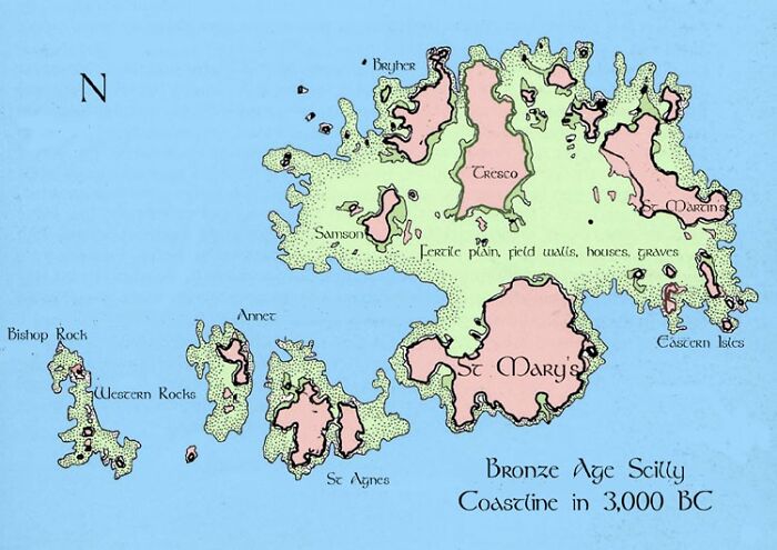 Map of a mysterious imaginary world depicting Bronze Age Scilly Coastline in 3,000 BC with islands and ancient place names.
