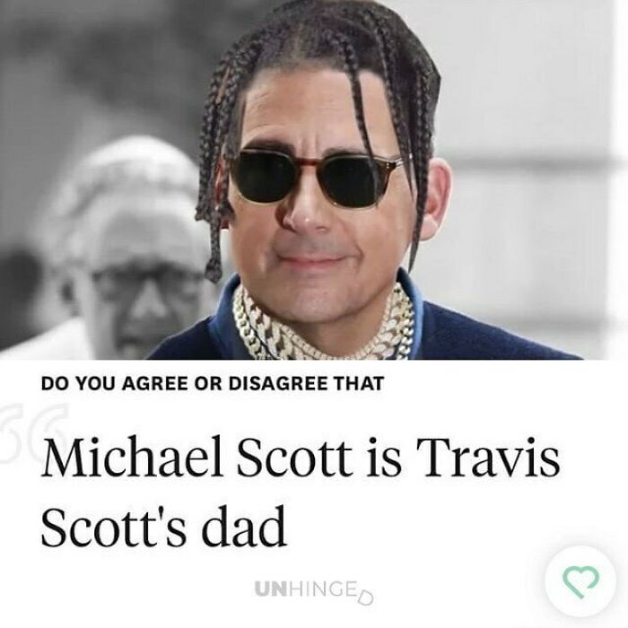 Humorous dating app post blending Michael Scott and Travis Scott with unhinged people from dating apps theme.