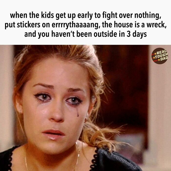 Tearful woman overwhelmed with relatable parenting struggles, representing the challenges found in parenting memes.