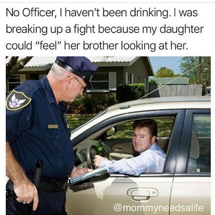 Police officer talking to a driver holding a beer bottle, relatable parenting meme about kids fighting and sibling dynamics.