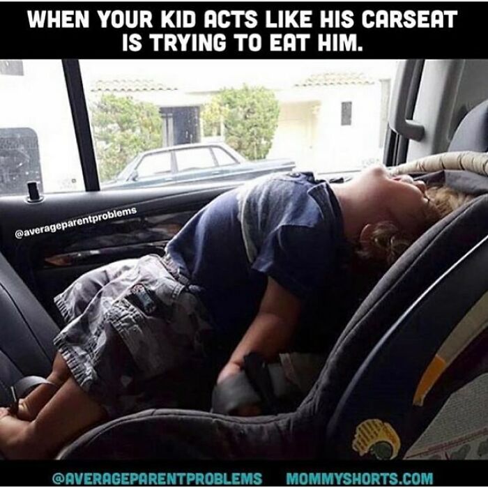 Toddler in carseat stretching dramatically with caption about relatable parenting memes and carseat struggles.
