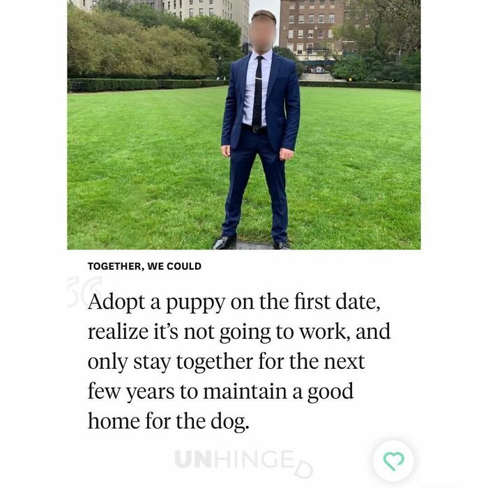 Man in blue suit standing on grass with text about adopting a puppy on a first date from dating apps unhinged people.