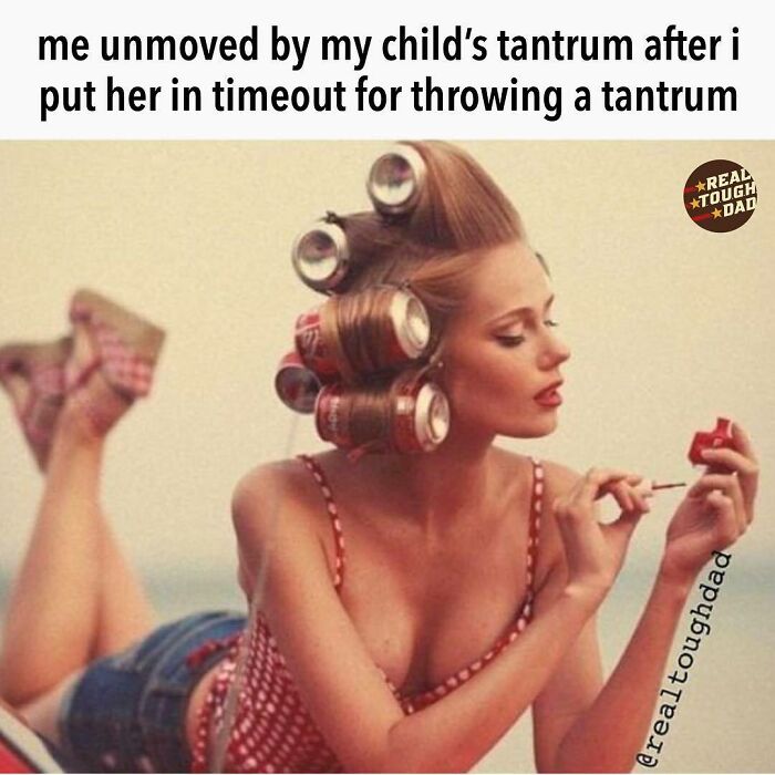 Woman with soda can hair rollers calmly painting her nails, relatable parenting meme about handling child's tantrum with timeout.
