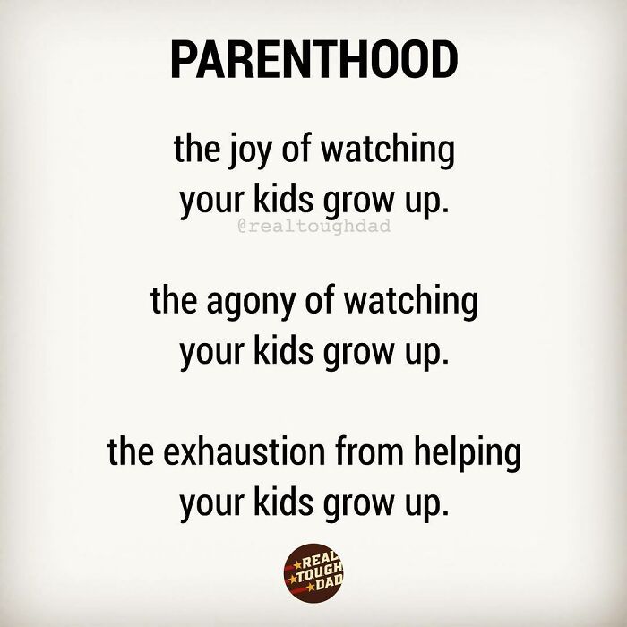 Parenthood described as the joy, agony, and exhaustion of watching and helping your kids grow up in relatable parenting memes.